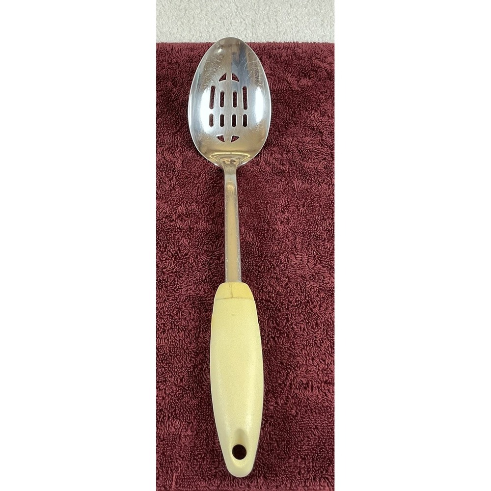Vtg Pyrex Accessories Stainless Steel Slotted Serving Spoon Almond Handle *READ*